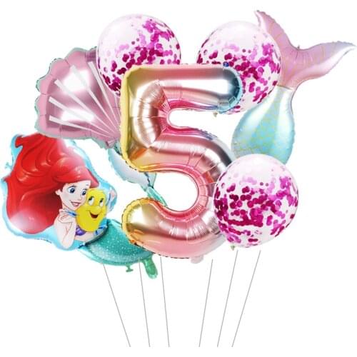 8pcs Cartoon Mermaid Ariel Princess Foil Balloons 32Inch Number Baby Girl Pink Air Baloes Birthday Party Decorations Kids Toys