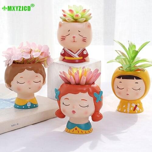 Cartoon Boy And Girl Resin Flower Pot Character Animal Sculpture Potted Desktop Decoration Garden Succulent Plant Pot