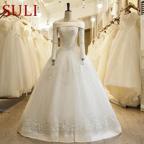 H613 Boat Neck Lace Embroidery Tulle Sequins Wedding Dress 2018