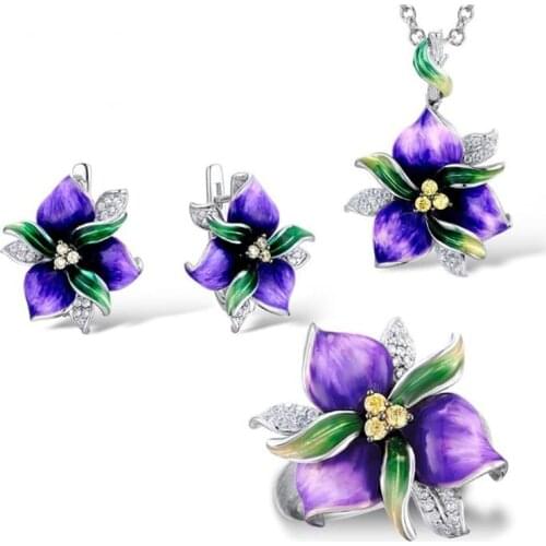 KOFSAC 2020 Fashion Jewelry Sets 925 Silver Earrings For Women Elegant Orchid Enamel Necklaces Rings Lady Valentines Day Gifts