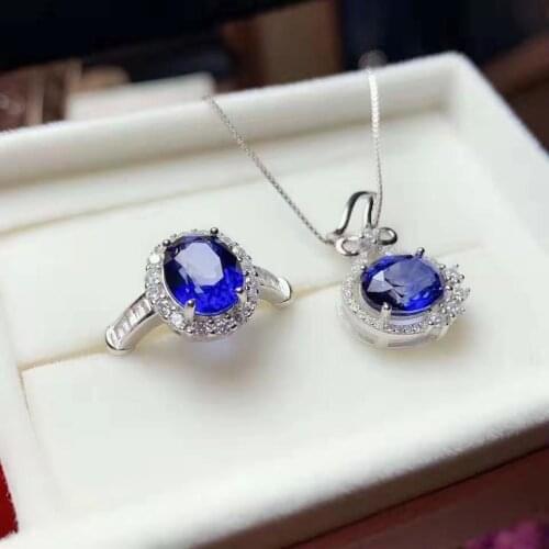 Natural Sapphire Luxury Rings Pendants Necklace Set S925 Sterling Silver Fine Fashion Charming Jewelry for Women Free Shipping