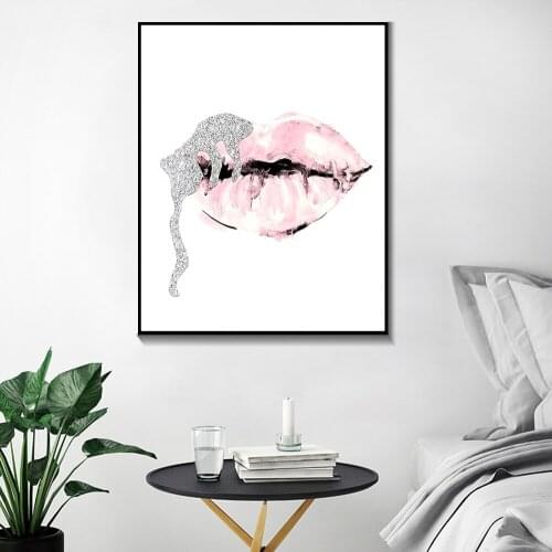 Pink Fashion Lady Poster Sliver Lips Makeup Print Canvas Art Painting Wall Pictures for Modern Girl Room Home Decor Unstretched