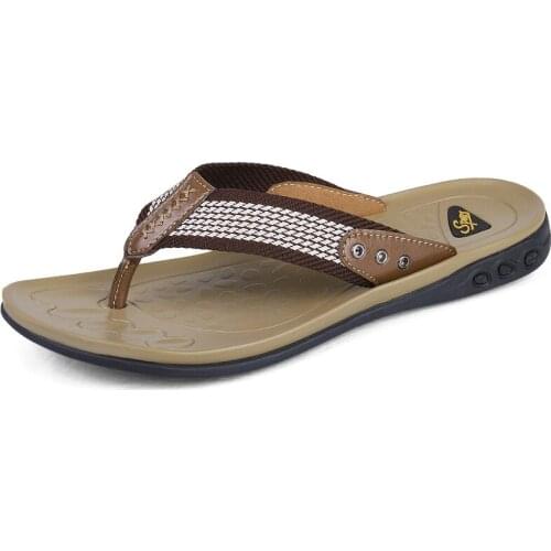 Size 47 Genuine leather + fabric Men flip flops Outdoor waterproof Beach sandals Fashion Summer Men Slippers Zapatos De Hombre