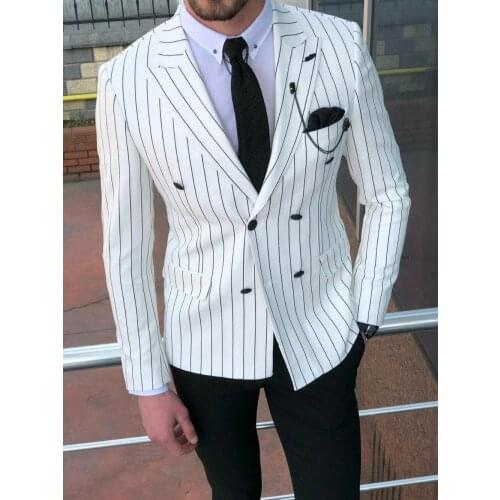 Latest Designs Casual White Striped Mens Suits for Wedding Double Breasted Groom Tuxedo Slim Fit Terno Masculino Prom Party Suit