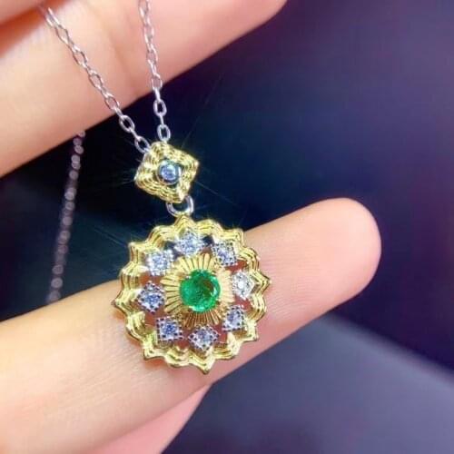 Green emerald gemstone pendant for women silver necklace natural gem girl birthday gift natural round gem gold plated birthstone