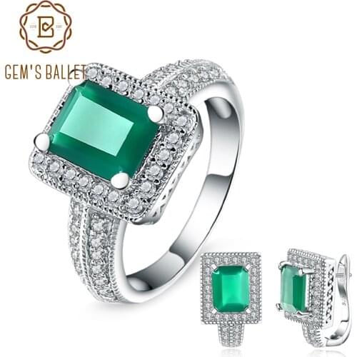 GEMS BALLET 6.15Ct Emerald Cut Natural Green Agate Gemstone Jewelry Set 925 Sterling Silver Earrings Ring Set For Women Wedding