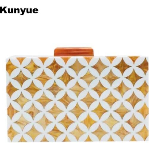 Chic Messenger Bags Luxury Women Orange Floral Acrylic Evening Bags Dress Party Prom Clutch Purse Trendy Chains Wedding Handbags