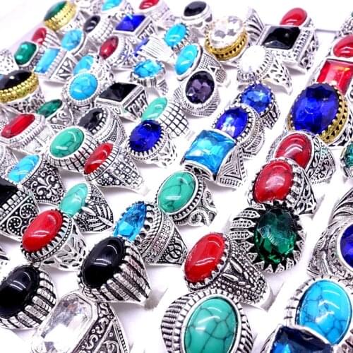 MIXMAX 100pcs vintage stone Ring women men unisex Tribal ethnic styles Tibetan Silver Square oval Jewelry wholesale lots bulk
