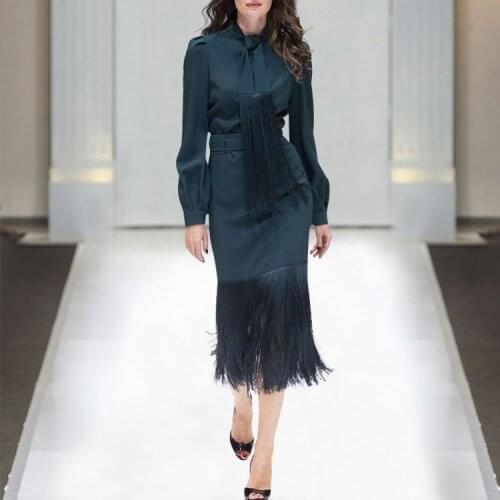 High-quality 2020 new fashion dark green smooth satin tassel long-sleeved single-breasted bow slim fit wild woman suit