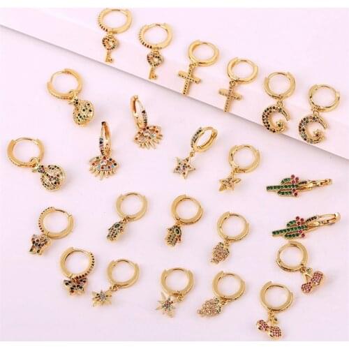12 Style Fashion Gold Color Copper Metal CZ Cubic Zirconia Drop Earrings For Women Girls Cherry Cactus Cross Star Dangle Earring