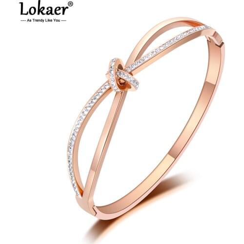 Lokaer Sparkling Design Mosaic CZ Crystal Cross Bow-knot Bangle Bracelet Jewelry Rose Gold Stainless Steel Wedding Bangle B19094