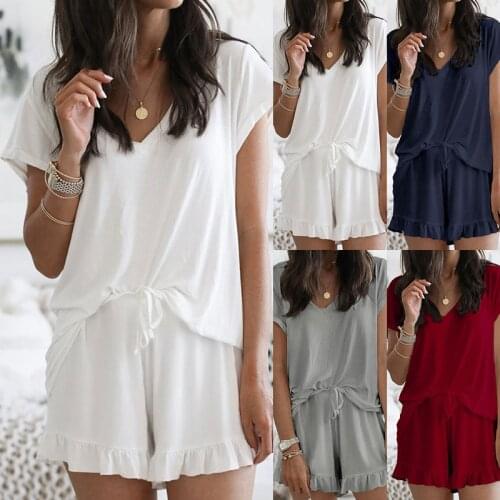 2021 Spring and Summer New Womens Short-Sleeved V-Neck Top Shorts Home Two-Piece Suit Hot Sale