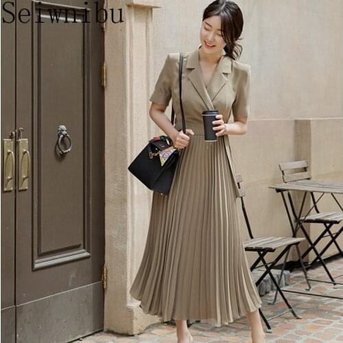 Fashion Notched Short Sleeve Women Suit Dress OL Slim Waist Belted Sashes Female Pleated Dress Summer A-line Vestidos