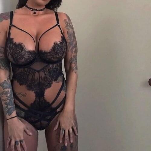 Womens lace bodysuit transparent body thin shoulder straps mesh bodysuit with underwire push-up black jumpsuit