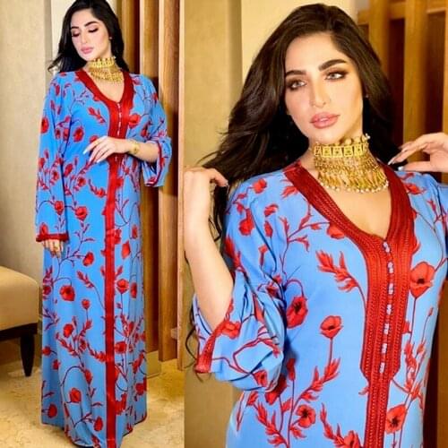 Vintage Floral Print Maxi Long Dress V-Neck Female Casual Abayas For Women Dubai Islamic Fashion Muslim Robe 2021
