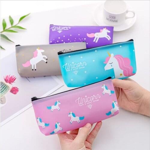 100pcs/lot Kawaii Cute Unicorn Pen Pencil Bag Silicon School Stationary Receive Tools Makeup Pouch Cosmetics Case