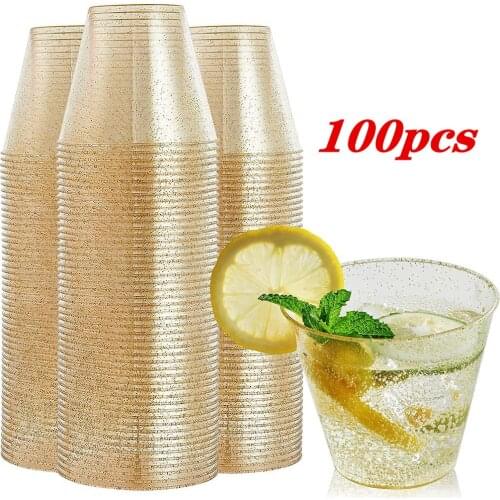 100 Pack Gold Glitter Plastic Cups 9oz Clear Plastic Cups Disposable Hard Plastic Cups Wedding Party Drink Wine Tea Coffee Cup