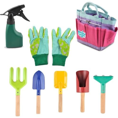 8PCS Kids Gardening Tool Set Mini Wooden Handle Plastic Hand Tools Glove Garden Educational Toys With Tote Bag