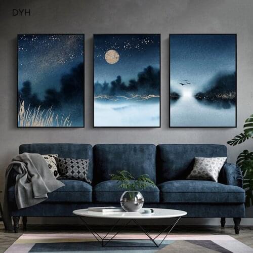 Watercolor Blue Landscapes Mountains Night Milky Way Moon Wall Art Poster Print Canvas Painting Interior Living Room Decoretion
