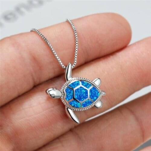 Trendy Female Blue Opal Pendant Necklace Classic Silver Color Chain Necklaces For Women Cute Sea Turtle Crystal Wedding Necklace