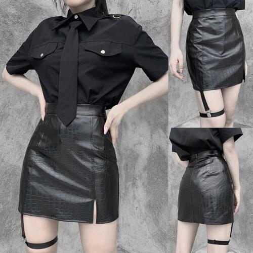 Punk PU Leather Black Skirt Gothic Streetwear Leg Strap Mini Skirt Harajuku a Line High Waist Skirt Club Wear Outfits