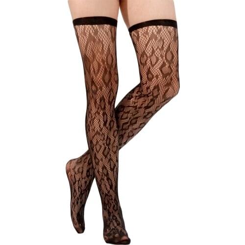 Summer Leopard Women Stockings Sexy Black Mesh Hollow Out Long Stocking Fashion Transparent Over Knee Stockings Female