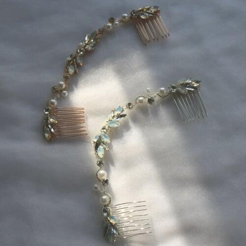 Opal Crystal Long Comb Wedding Hair Piece Gold Silver Color Pearls Bridal Jewelry Handmade Women Crown