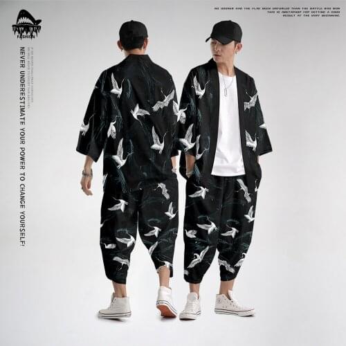 Oversize 6XL Couple Men Women Summer Harajuku Crane Print Kimono And Pant Beach Coat Japanese Style Cardigan Streetwear Haori