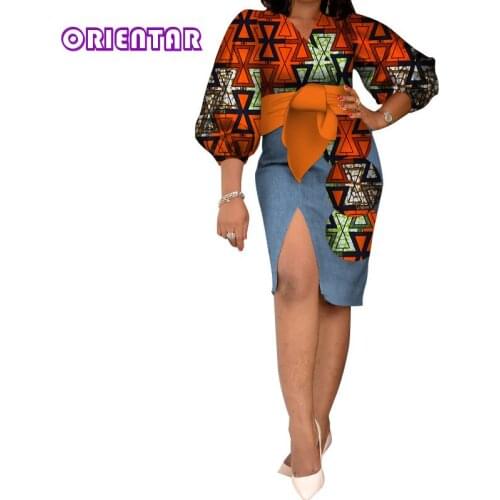 Fashion African Print Dress with Waist Belt Women Bazin Riche Patchwork Dress Dashiki Elegant Puff Sleeve Cotton Dresses WY3384