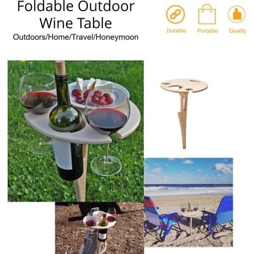 Outdoor Portable Wine Table with Foldable Round Desktop Wooden Picnic Table for 2 Person Easy to Carry Red Wine Wooden Color