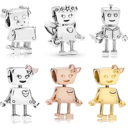 QANDOCCI Rose Gold Rob & Bella Bots Pet Bobby Bot Dog Floral Bella Charms Fit Pandora Bracelet 925 Sterling Silver Jewelry