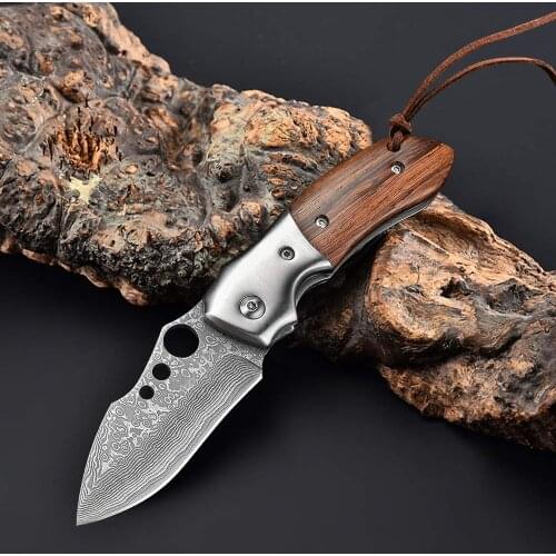 Wooden Handle Folding Knife 7cm Blade Pocket Knife Made of Damascus Steel Multi EDC Tool Outdoor Survival Pocket Knife