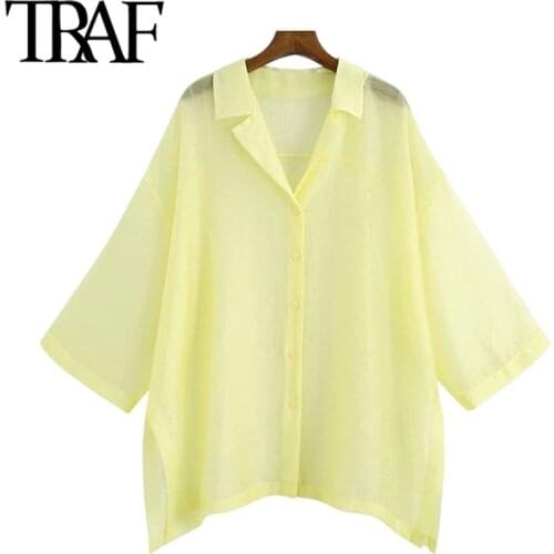 TRAF Women Sexy Fashion See Through Organza Loose Blouses Vintage Side Vents Button-up Female Shirts Chic Tops