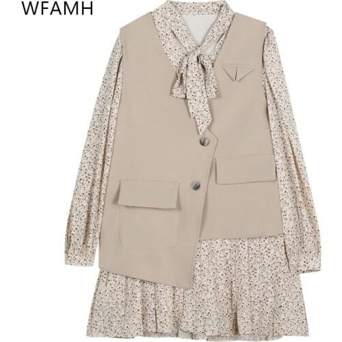 2021 summer new fashion irregular splicing suit solid color vest jacket bowknot floral long-sleeved dress ladies two-piece