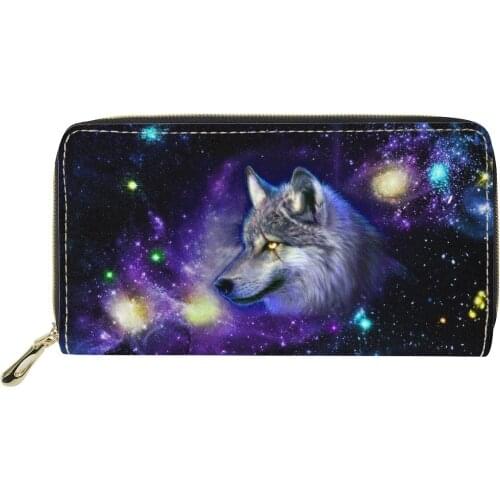 Women PU Leather Long Wallet Galaxy Wolf Print Card Holder Purses Cool Handy Money Bag Zipper Ladies Large Coin Clutch Wallet