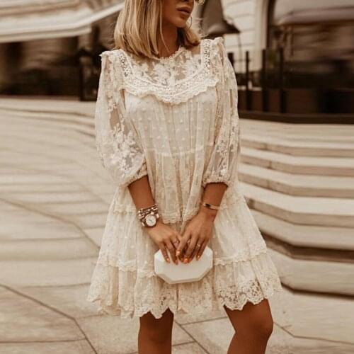 Ladies Sexy O-Neck Solid Sheer-Mesh Dress Women Lace Fashion Embroidery Party Dress Elegant Vintage Ruffle 3/4 Sleeve Dresses
