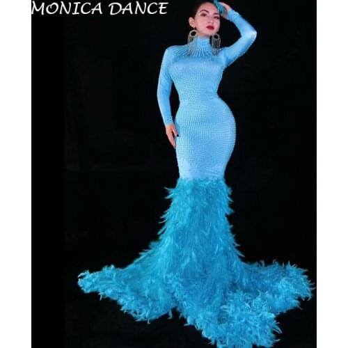 Women Sexy Blue Pearls Long Train Feather Dress Singer Dancer Outfit Bar Birthday Celebrate Dress Stage Prom Evening Dance Dress