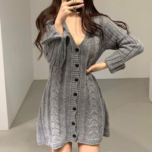 2021 New Korean Vintage Women Mini Short Dress Knitted Long Sleeve Deep V Collar Solid Dresses Fashion Vestidos Single Breasted