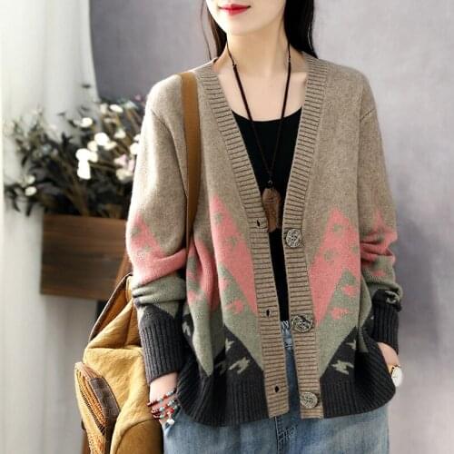 2021 retro literary spring and autumn fashion new womens cardigan sweater jacket womens large size loose casual all-match