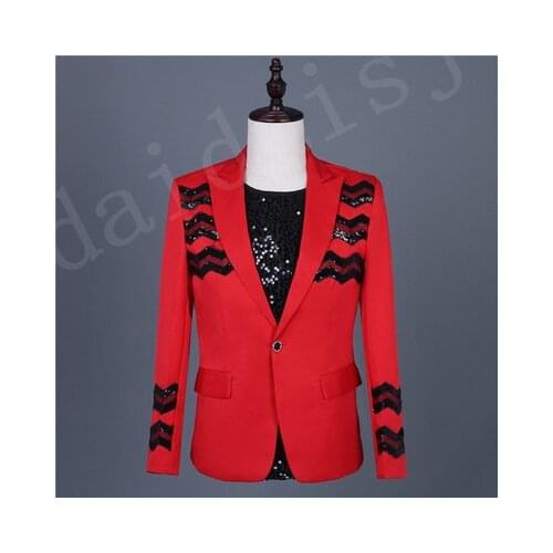 Freeship mens red wave black sequined jacket club/stage performance/studio suit/asia size