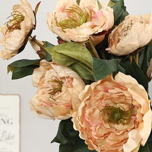 Silk flower European 1 Bouquet Artificial Flowers Fall Vivid rose Peony Fake Leaf Wedding Home Party Decoration