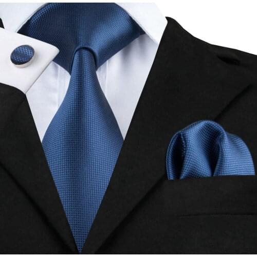 SN-326 Blue Tie Hanky Cufflinks Set Mens 100% Silk Jacquard Solid Necktie Business Wedding Ties For Men Gifts