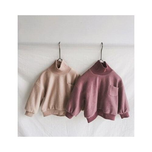 Fall Winter Children Korean Thicken Velvet Solid Hoodies for Boys and Girls Kids Baby Turtleneck Cotton Long Sleeve T Shirt Tops