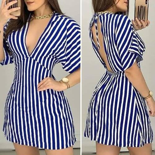 Fashion Woman Mini Dress Summer Sexy V Neck Plunge Short Sleeve Striped Casual High Waist Club Party Dress Daily Wear
