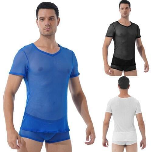 Mens Exotic Set Hollow Out See-through Mesh Lingerie Sets See-through V Neck Short Sleeve T-shirt Top with Elastic Boxer Shorts