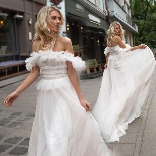 Newest Ruffled Tulle Wedding Dress A Line See Through Neck Beach Wedding prom Gown sukienki wizytowe