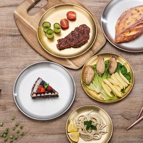 Stainless steel Dinner Plates Restaurant Gold Serving Tray Round Dessert Cake Snack Dishes Silver Storage Plate Korean Cutlery