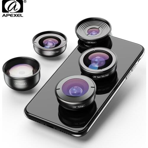 APEXEL 5 in 1 Phone Camera Lens 4K 0.6X Wide Angle Telescope Super Fisheye 10X Macro Lens For iPhone 11 Pro Max Xiaomi Samsung