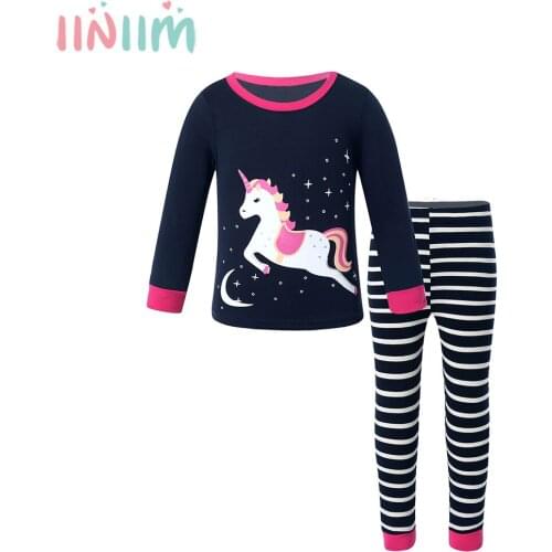 2021 Cartoon Horse Pajamas Casual Sets Cotton Full Sleeves T Shirt Top + Pants Trousers Girls Children Sleepwear Nightwear Suit