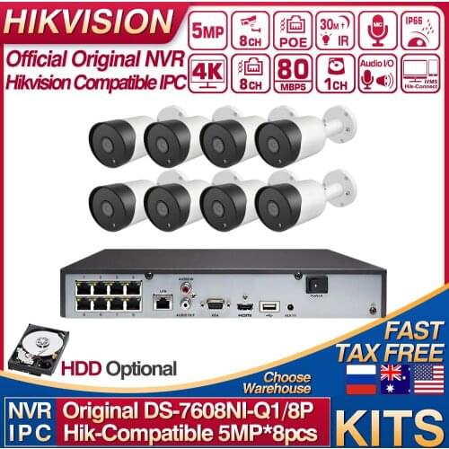 Hikvision Compatible Kits DS-7608NI-Q1/8P 8POE NVR & 5MP IP Camera Bullet POE 30M IR Built-in MIC 8pcs Plug&play CCTV System